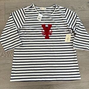 NWT Cactus‎ & Pearl Womens White Embellished Lobster Striped Graphic Tee Size XL